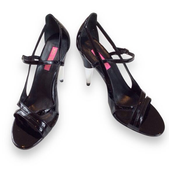 Betsey Johnson Fayruz Open Toe Black Patent Leather Lucite Heels Women's 9M - Picture 1 of 9